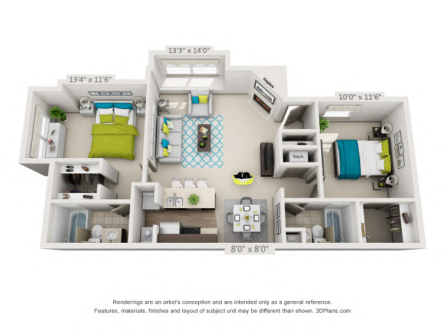 Floor plan for 2 beds, 2 baths, 862 sqft